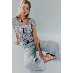 Free People We The Free Evora Plaid Blouse Top Cropped Ribbon Cotton M 285557